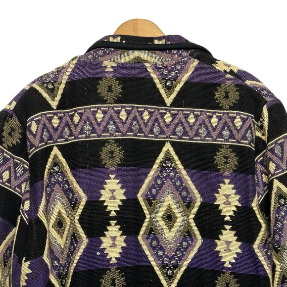Vintage 90s Fiorlini Black Purple Print 100% Cotton Aztec Woven Blazer Jacket - Picture 6 of 15